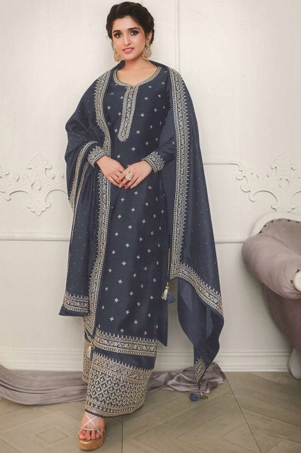 Grey Eid Palazzo Suit in Georgette with Embroidered