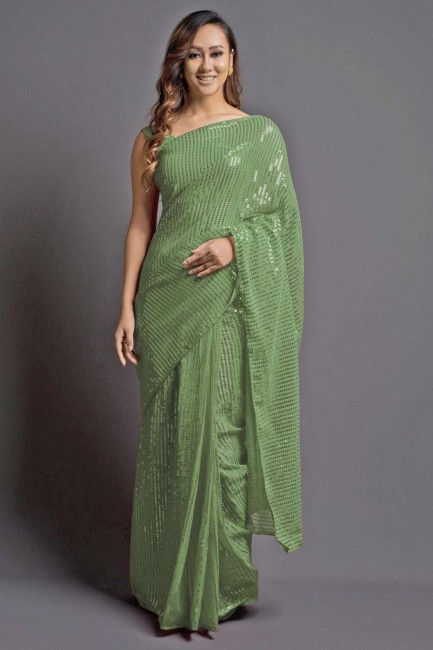 Embroidered Georgette Pista  Saree with Blouse
