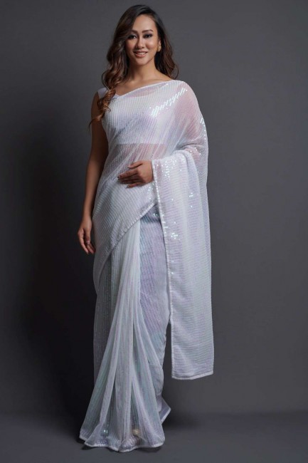 Georgette Saree with Embroidered in White