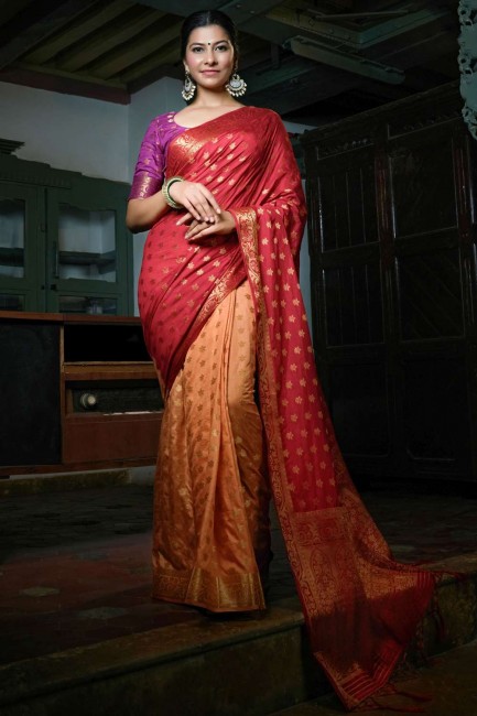 Weaving Maroon  South Indian Saree in Art silk