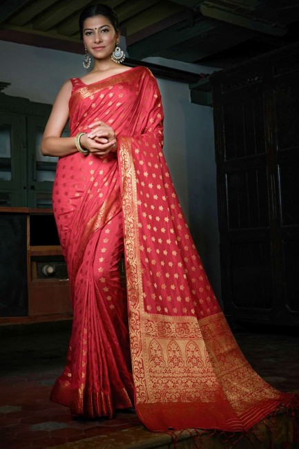 South Indian Saree Red with Weaving Art silk