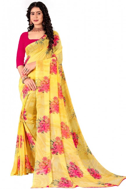 Yellow Printed Georgette Saree