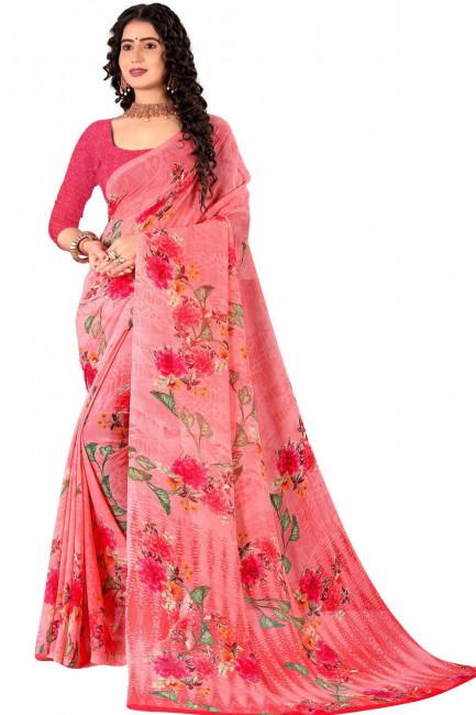 Pink Saree in Georgette with Printed