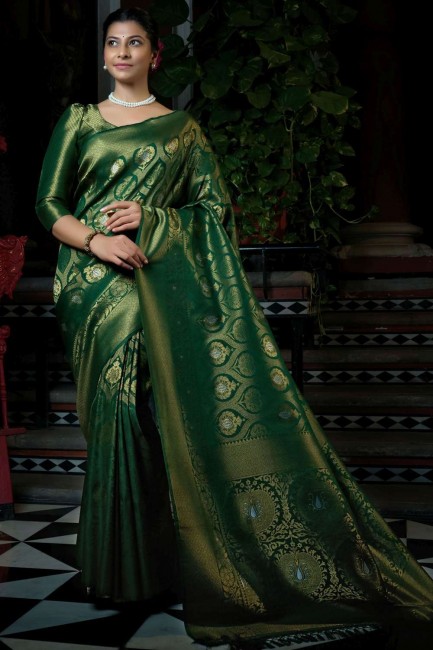 Green Raw silk South Indian Saree with Weaving
