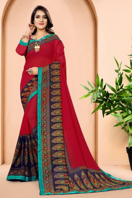 Printed,lace Saree in Red Georgette