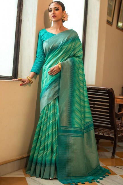 Silk Weaving Teal Saree with Blouse
