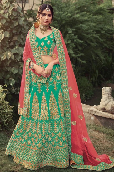 Green Embroidered Satin Wedding Lehenga Choli