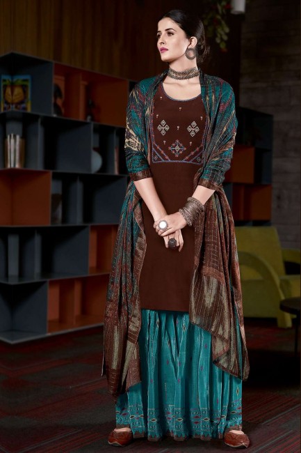 Coffee  Embroidered Crepe Eid Palazzo Suit