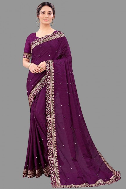 Saree in Purple Silk with Embroidered,lace border,stone with moti