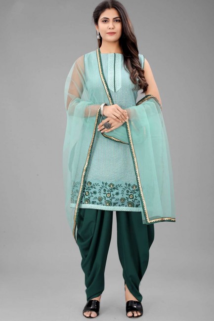 Blue Organza Embroidered Patiala Suit with Dupatta