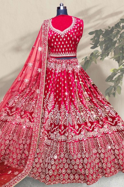 Red  Velvet Wedding Lehenga Choli in Embroidered