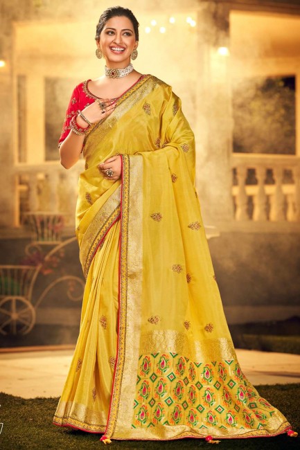 Embroidered Silk and viscose Mustard South Indian Saree with Blouse