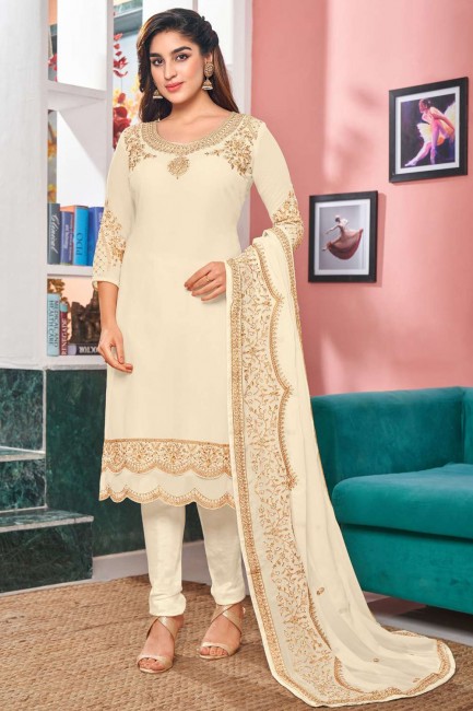 Faux georgette Embroidered Off white Eid Salwar Kameez with Dupatta