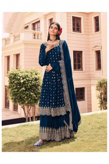 Blue Embroidered Faux georgette Eid Palazzo Suit
