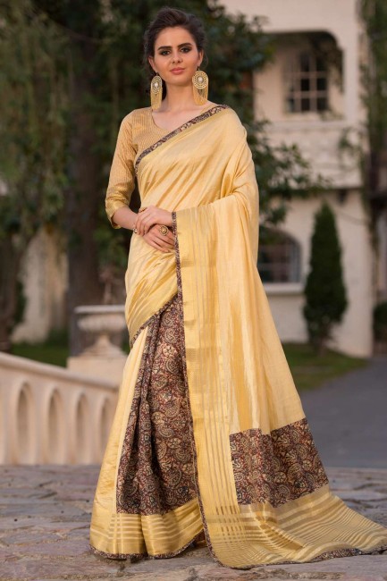 Yellow Art silk Saree with Lace,digital print