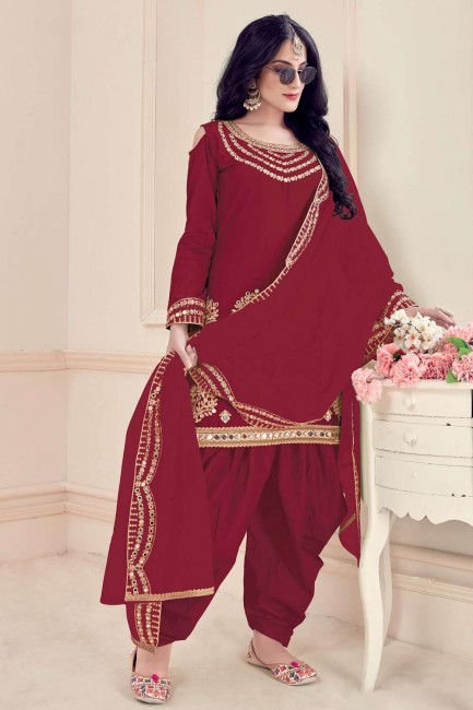 Maroon Patiala Suit with Embroidered Silk