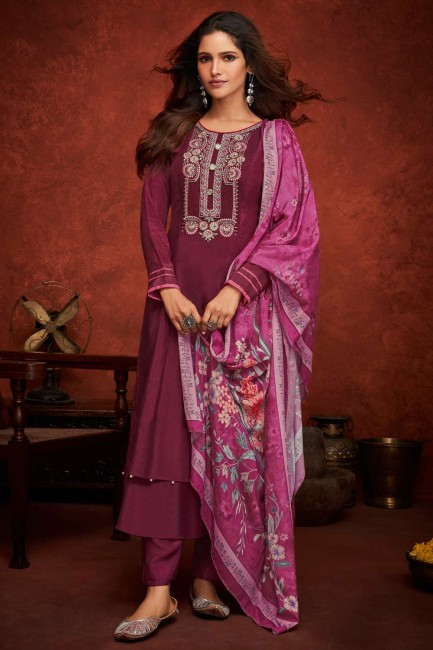 Magenta Eid Palazzo Suit with Embroidered Viscose