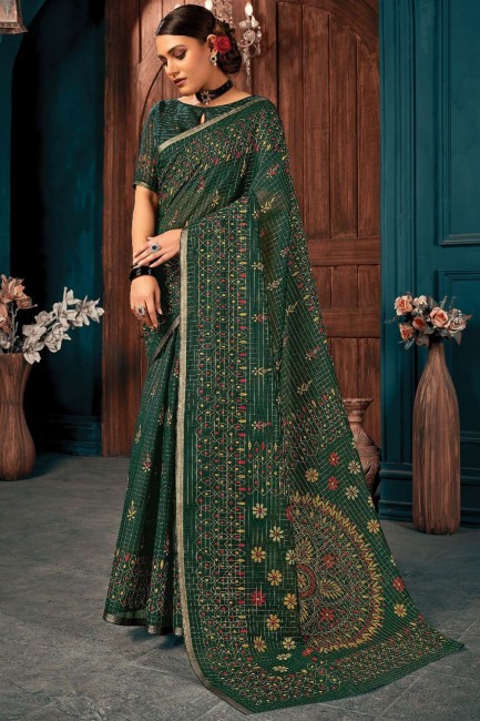 Green Printed,weaving Cotton Saree