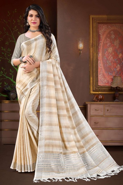 Saree in Cream Linen with Lace border