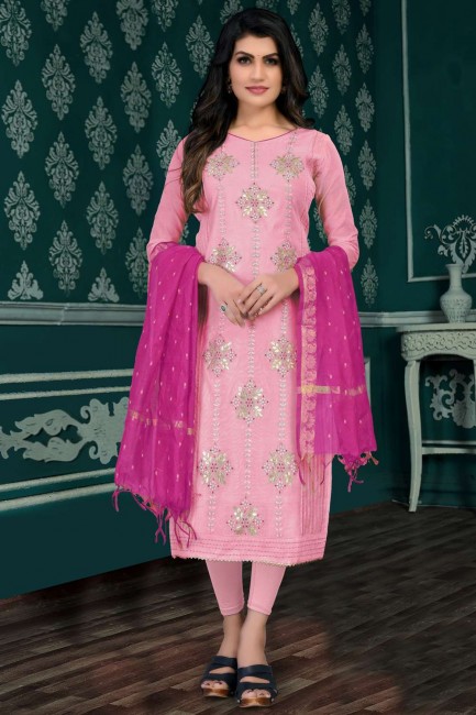 Salwar Kameez Embroidered in Pink Chanderi silk