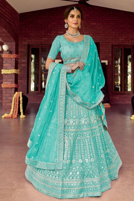 Organza Party Lehenga Choli with Embroidered in Turquoise