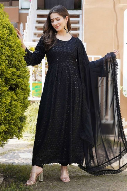 Black Embroidered Anarkali Suit in Rayon