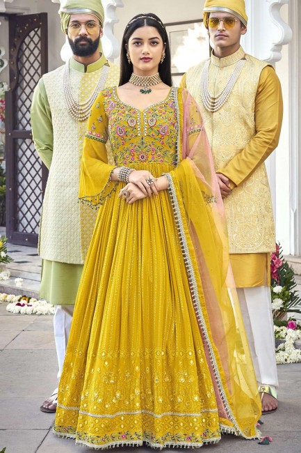Embroidered Faux georgette Yellow Eid Anarkali Suit with Dupatta