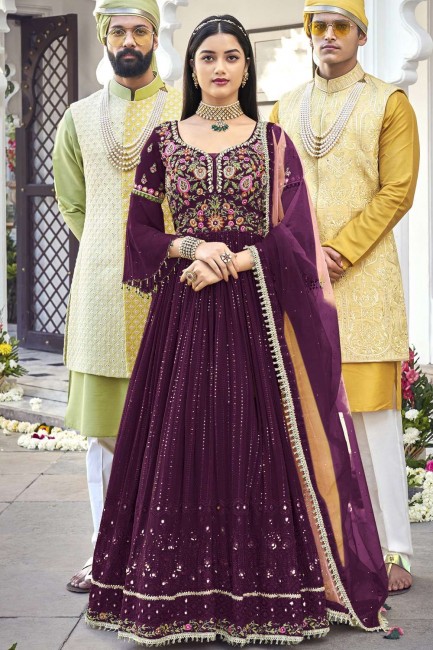 Embroidered Faux georgette Wine  Eid Anarkali Suit with Dupatta