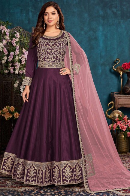 Art silk Eid Anarkali Suit with Embroidered in Wine