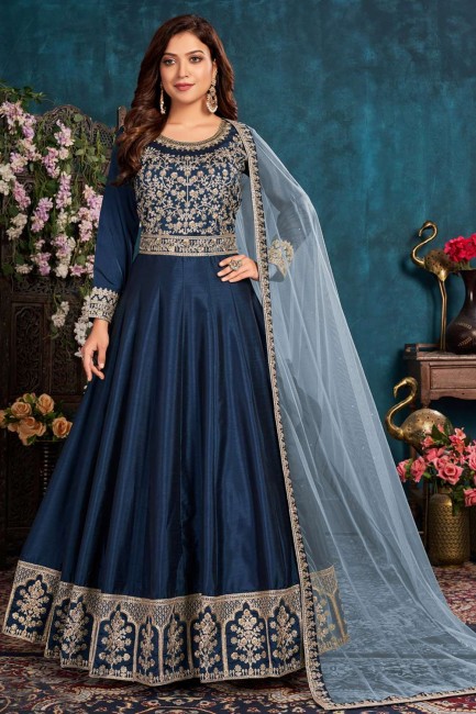 Art silk Embroidered Blue Eid Anarkali Suit with Dupatta