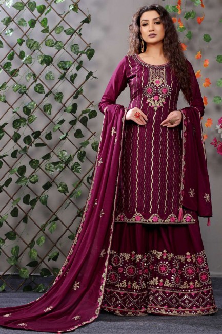Embroidered Eid Sharara Suit in Burgundy Chinon chiffon