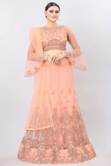 Net Party Lehenga Choli in Peach with Embroidered