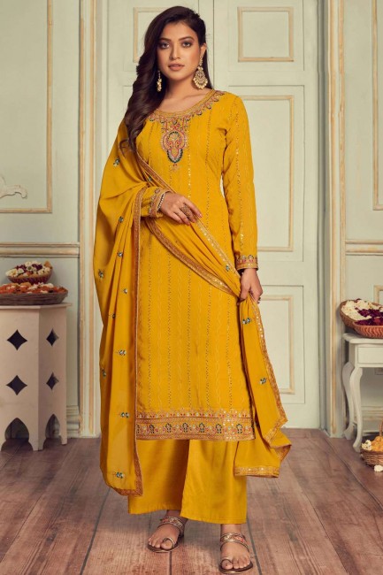 Embroidered Eid Palazzo Suit in Yellow Faux georgette