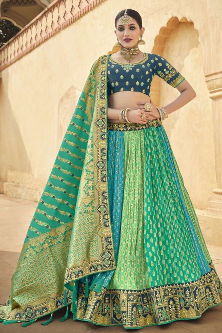 Embroidered Party Lehenga Choli in Green Silk