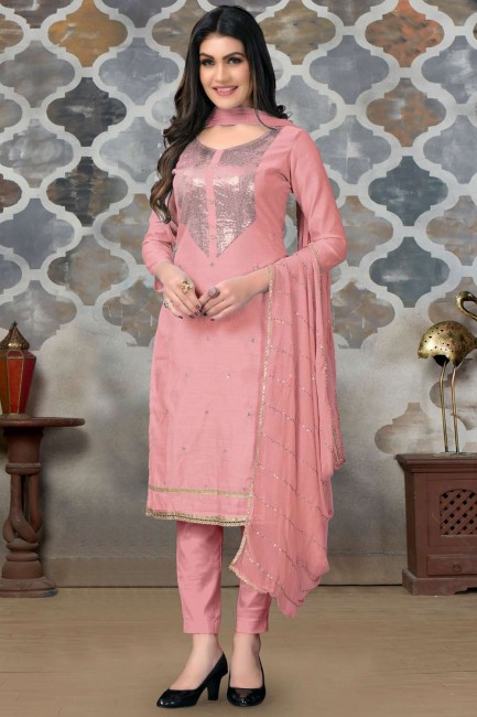 Eid Salwar Kameez in Pink Chanderi with Embroidered