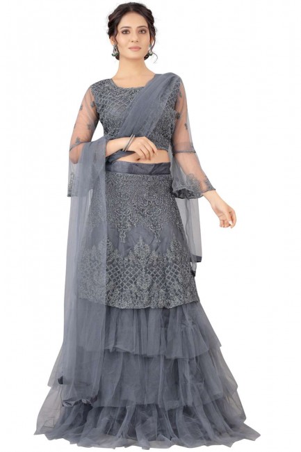 Embroidered Net Party Lehenga Choli in Grey with Dupatta