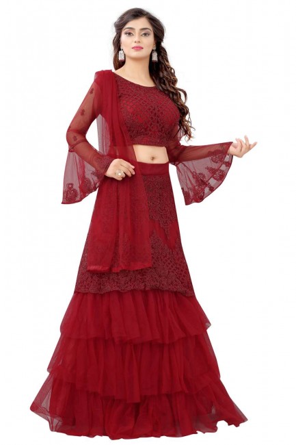 Party Red Lehenga Choli in Embroidered Net