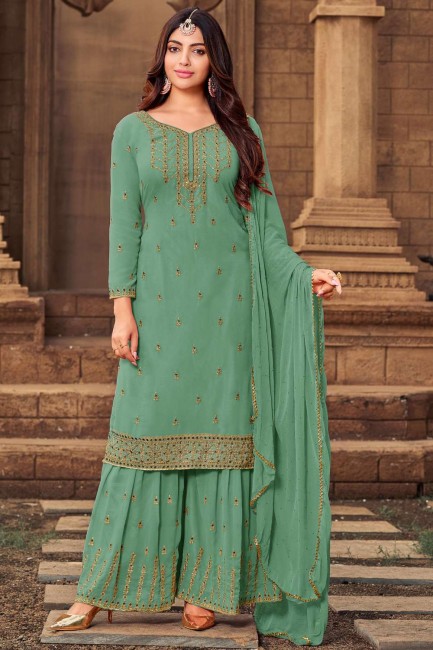 Georgette Eid Palazzo Suit in Blue with Stone with moti
