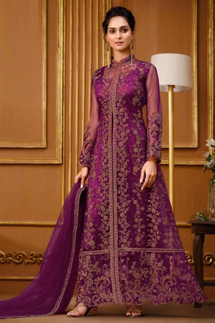 Purple Stone with moti Eid Anarkali Suit in Soft net