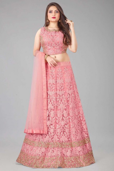 Pink Embroidered Wedding Lehenga Choli in Net