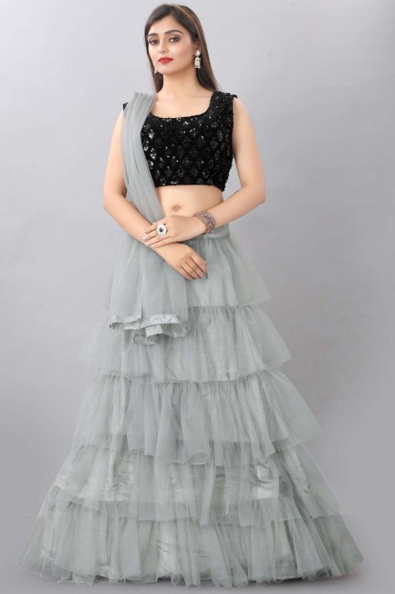 Party Lehenga Choli Net  with Embroidered in Grey