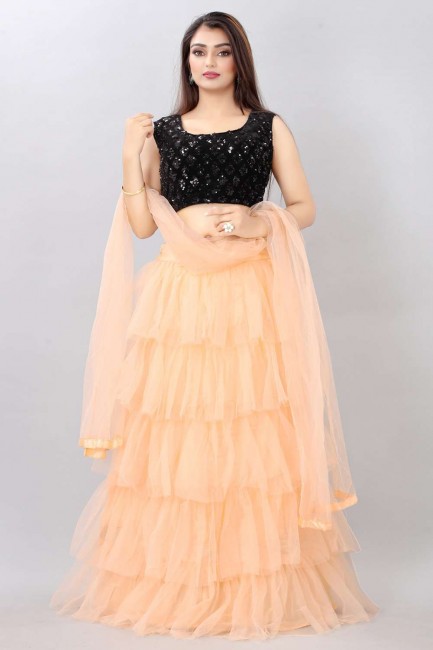 Party Lehenga Choli Embroidered  in Peach Net