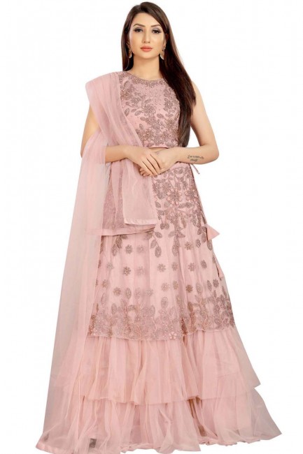Net Pink Party Lehenga Choli in Embroidered