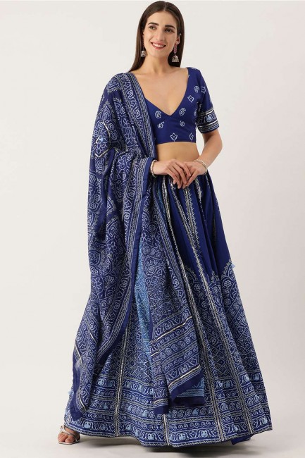 Party Lehenga Choli in Blue Silk with Printed