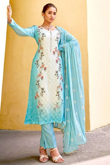 Blue Eid Salwar Kameez with Digital print Viscose and chinon chiffon