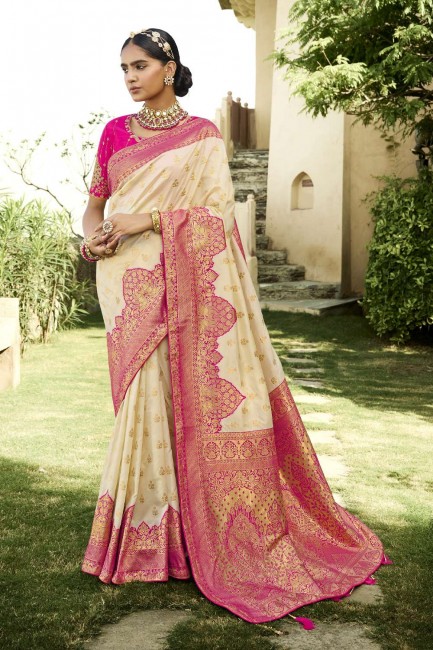 Off white Saree with Embroidered Silk