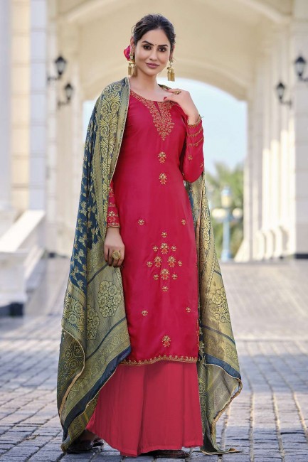 Red Embroidered Satin georgette Eid Palazzo Suit