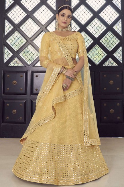 Yellow Party Lehenga Choli in Embroidered Georgette