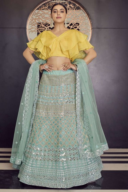 Organza Party Lehenga Choli in Turquoise with Embroidered