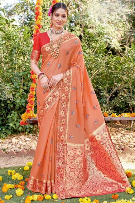 Cotton Peach Party Wear Saree in Weaving